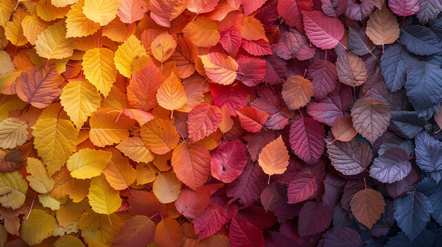 Rainbow autumn leaves, top view, shot for a postcard