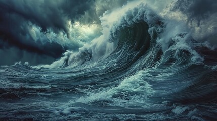 dramatic scene of big tsunami waves hitting the shore under a dark stormy sky, coastal disaster unfolds