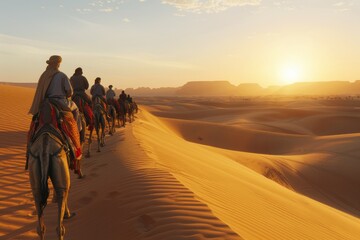 Tourists on Dromedary Camels Traversing the Sahara Desert at Sunset with Tour Guide Leading the Way - obrazy, fototapety, plakaty