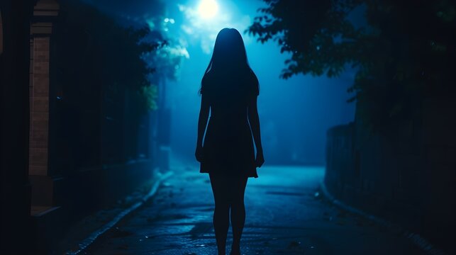 Silhouette Of A Young Woman Walking Home Alone At Night , Scared Of Stalker And Being Assault , Insecurity Concept