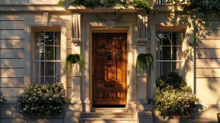 London townhouse front, featuring an elegant door and inviting exterior