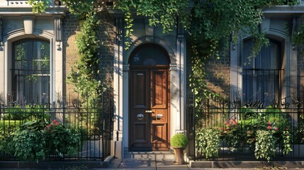 Fototapeta na wymiar London townhouse front, featuring an elegant door and inviting exterior