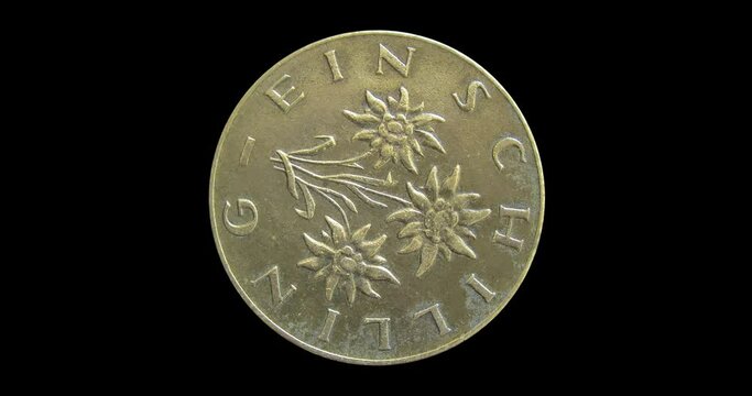 Obverse of Austria pre-euro coin 1 schilling 1960, isolated in black background. Animation in 4k resolution video.