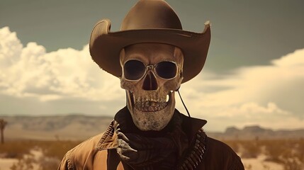 Skeleton cowboy with hat and desert background - obrazy, fototapety, plakaty