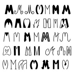 Set of letters M in different styles. Hand drawn lettering. Isolated on white background.