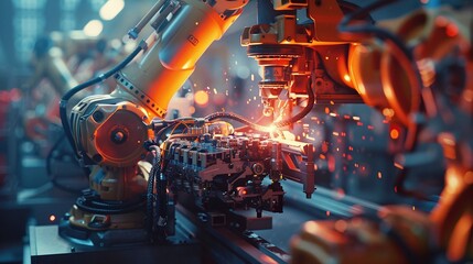 efficient factory operations, engineer supervising welding robotics, and automatic arms machine for streamlined automotive production - obrazy, fototapety, plakaty