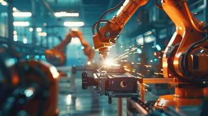 blurred digital manufacturing operation, engineer ensuring quality control of welding robotics, and automatic arms in automotive industrial setting