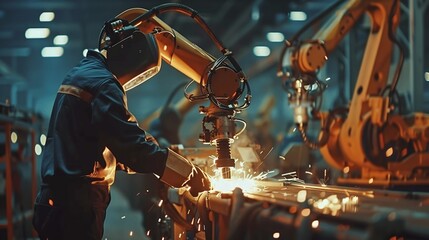 engineer overseeing control of welding robotics, and automatic arms machine in automotive factory for optimized production efficiency - obrazy, fototapety, plakaty