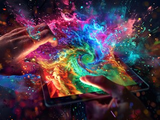Creative Person with Tablet Surrounded by Whimsical Colorful Swirls