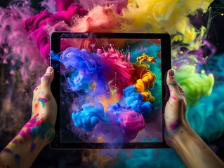 Creative Person with Tablet Surrounded by Whimsical Colorful Swirls