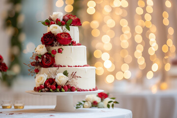 Tall exquisite, elegant handmade white cake with red roses on a holiday table. Copy space.