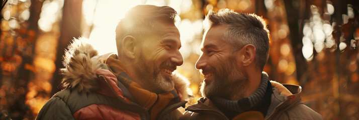 2 men smiling at each other outdoors  - obrazy, fototapety, plakaty