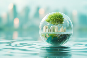 Large water drop in the shape of a balloon with tall houses inside on the surface of the water on the background of a blurred city with copy space. Concept of water resources protection.
