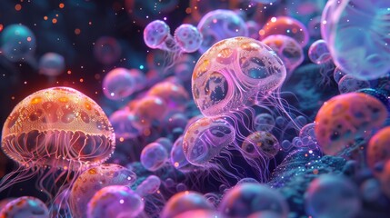 Obraz premium Ocean conservation efforts by mythical sea creatures, vibrant coral reefs, nanotech bubbles