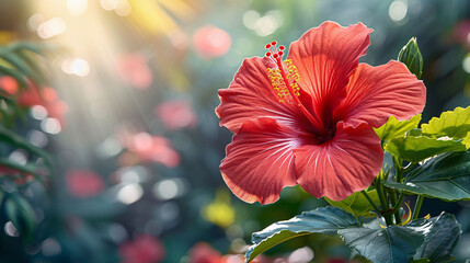 Backlighting on blooming red hibiscus flower with green blurry leaves background, shone by morning sunlight