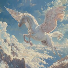 Pegasus soaring above cloud-covered peaks, freedom embodied in mythic grace