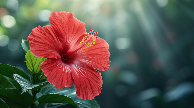 Backlighting on blooming red hibiscus flower with green blurry leaves background, shone by morning sunlight © Muhammad