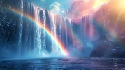 Rainbows arching over waterfalls, natures masterpiece at the edge of cascades - obrazy, fototapety, plakaty