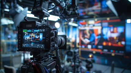 mass media and television explored with modern video camera capturing digital display recording an interview in a tv show studio, blurry background - obrazy, fototapety, plakaty