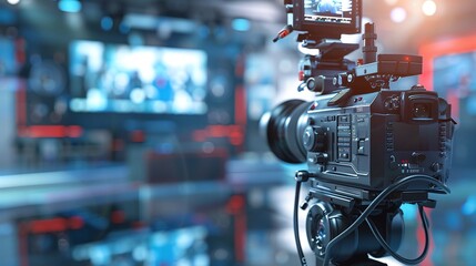 modern video camera with a digital display recording an interview in a tv show studio, blurry background, mass media, television, and technology concepts