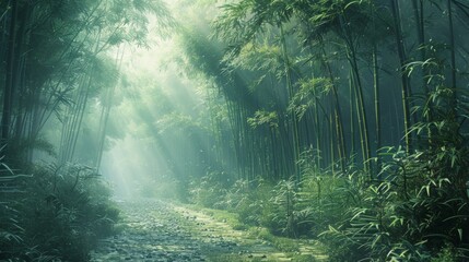 Serene bamboo forest, morning mist, a path less traveled, peaceful