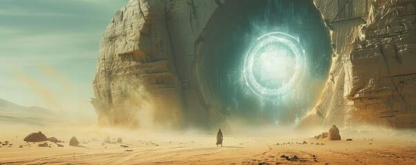 Silk Road travelers encountering a parallel universe portal, ancient meets alternate reality