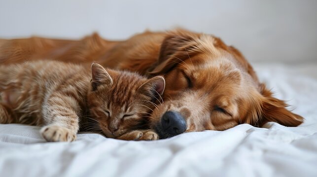 Cat and dog sleeping together on the bed. Golden Retriever and red cat.