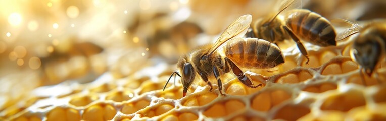 Honey bees sitting on honeycomb, closeup macro shot. beekeeping conception - obrazy, fototapety, plakaty