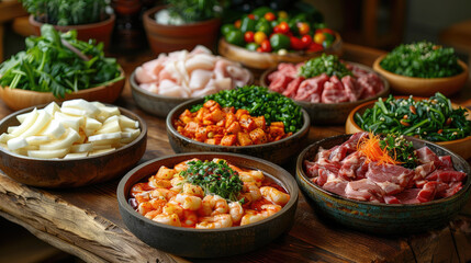 Wooden Table With Bowls of Food
