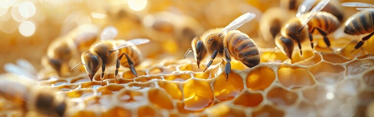 Honey bees sitting on honeycomb, closeup macro shot. beekeeping conception