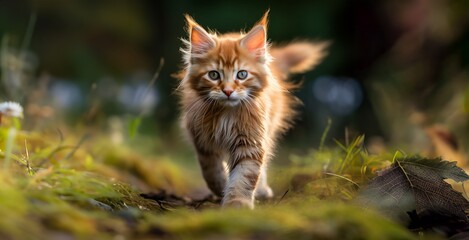 Naklejka na ściany i meble Cute ginger kitten walking in the grass. Shallow depth of field.