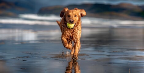 cute golden retriever dog running on the beach with ball in mouth