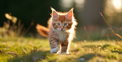 Cute little red kitten running on the grass in the sunlight.