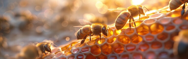 Honey bees sitting on honeycomb, closeup macro shot. beekeeping conception