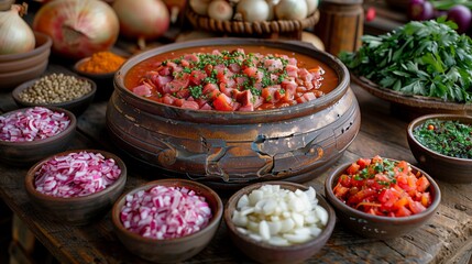 A bowl of chili with vegetable bowls on a wooden table - obrazy, fototapety, plakaty