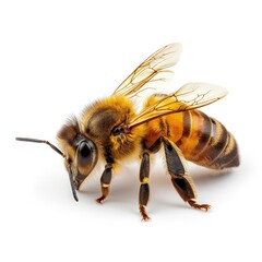 Honey bee isolated on white background. Closeup detailed macro shot.  - obrazy, fototapety, plakaty