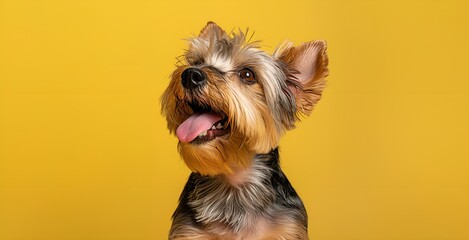 Cute yorkshire terrier dog with tongue out isolated on yellow background