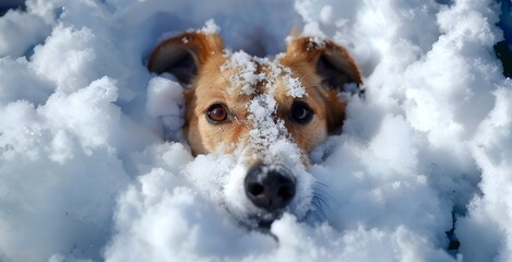 Jack russell terrier lies in the snow in winter.