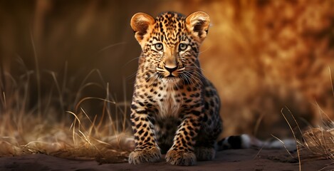 Leopard cub sitting in the savannah at sunset. 3D rendering