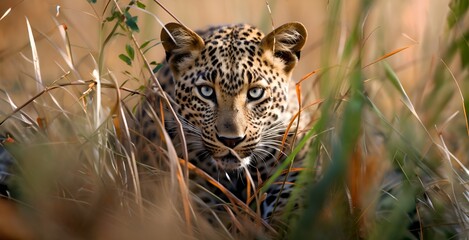 Leopard hiding in grass in Kruger National Park, South Africa ; Specie Panthera pardus family of Felidae