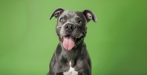 Pit bull dog with tongue hanging out on a green background.