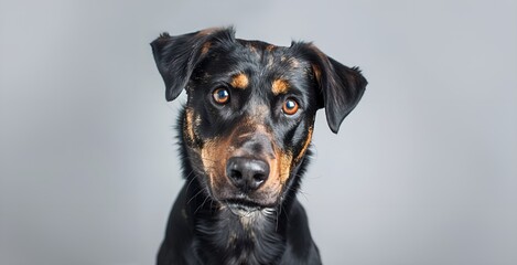 Portrait of a beautiful mixed breed dog. Studio shot on grey background.