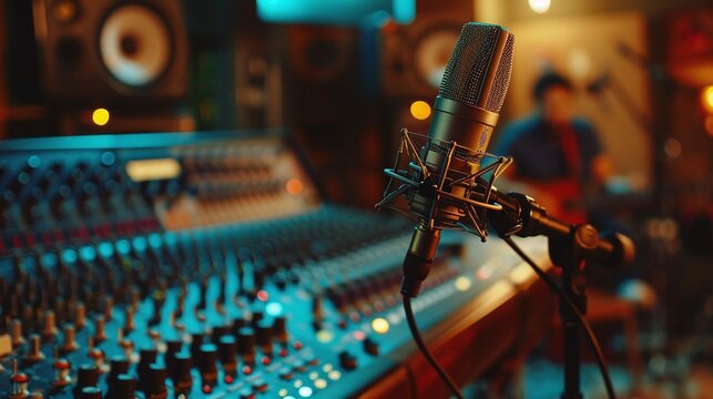 immersive music experience, boutique recording studio control desk featuring professional studio microphone and audio mixer with musician blurred background, musical instrument concept
