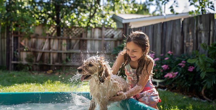 Little girl bathes a dog in the garden in the summer.