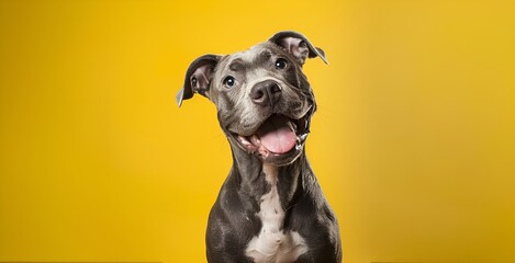 Portrait of a cute blue American Pit Bull Terrier dog isolated on yellow background