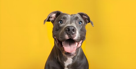 Portrait of a cute blue American Pit Bull Terrier on a yellow background - obrazy, fototapety, plakaty