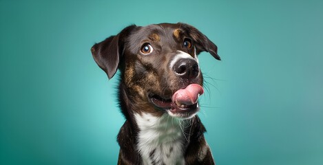 Portrait of a cute mixed breed dog licking his tongue on a blue background