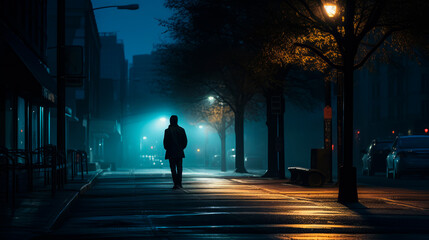 A lone figure traverses a fog-enshrouded street at night, embodying deep solitude and contemplation. This urban scene, bathed in mystery and calm, invites introspective journeys and quiet reflection. - obrazy, fototapety, plakaty