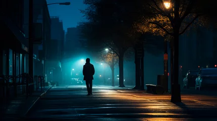 Fotobehang A lone figure traverses a fog-enshrouded street at night, embodying deep solitude and contemplation. This urban scene, bathed in mystery and calm, invites introspective journeys and quiet reflection. © stateronz