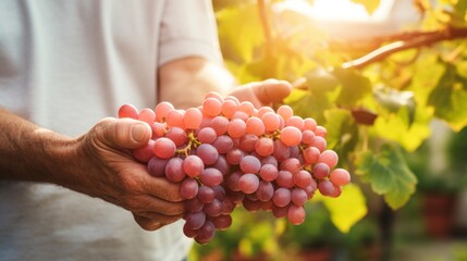 close-up of male hands holding a bunch of pink grapes, harvesting in the garden Generative AI